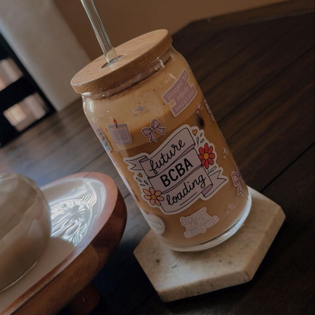 Future BCBA Loading Glass Tumbler – Bamboo Lid & Reusable Straw | Aesthetic Study Cup